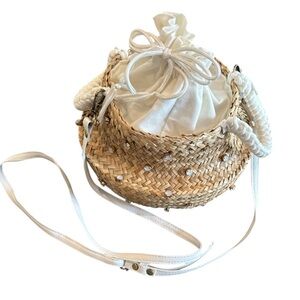 Zara Woven Natural Segrass & White Cotton Crossbody Bag with White Stones OS